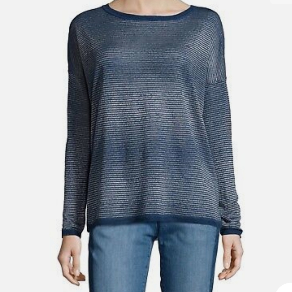 Vince Blue Silver Metallic Striped Crewneck Sweater